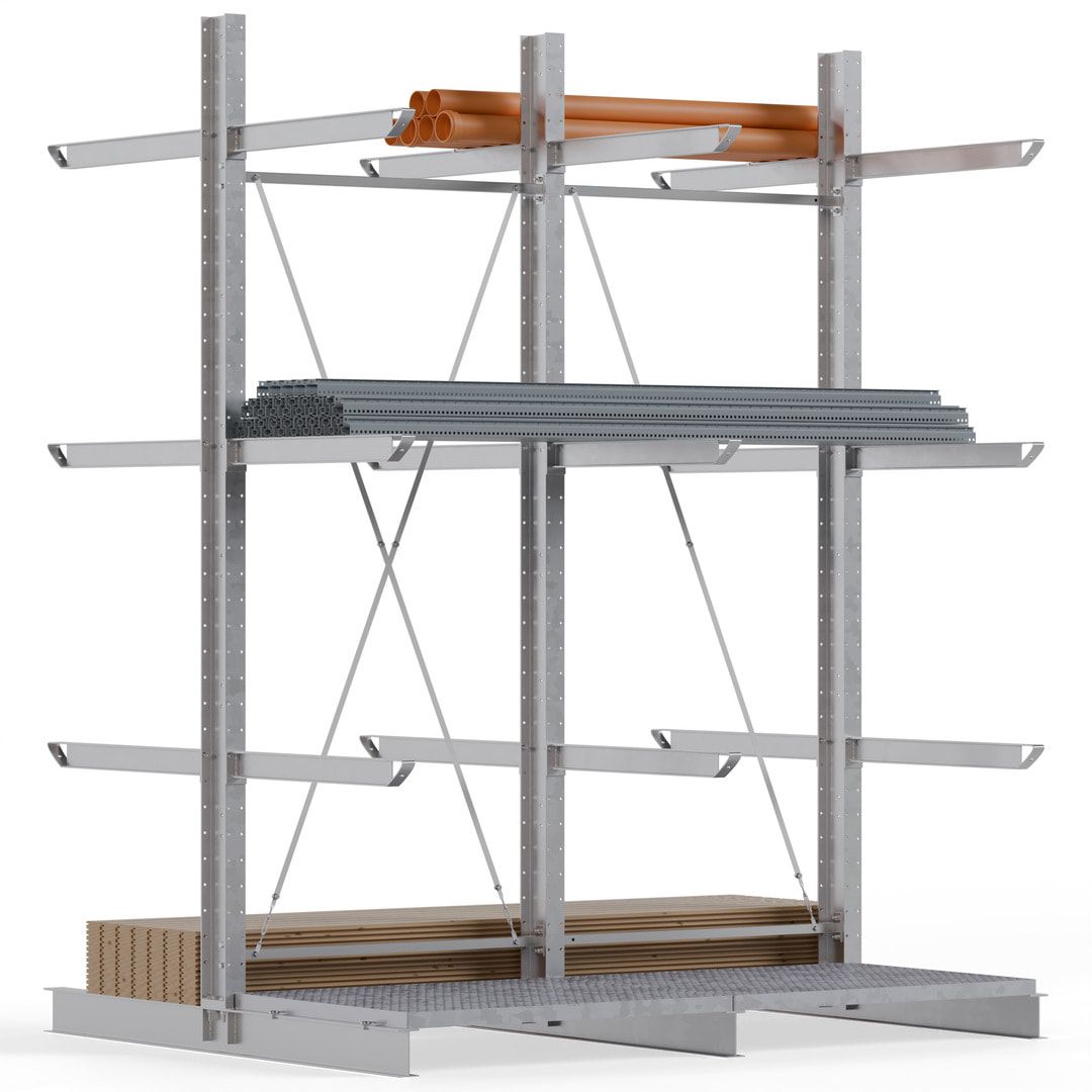 Doppelseitiges Kragarmregal feuerverzinkt, Schwerlastregal für außen - 2 Felder - 4.000 x 3.000 x 2.580 mm (HxBxT) - 800 kg - KARL heavy