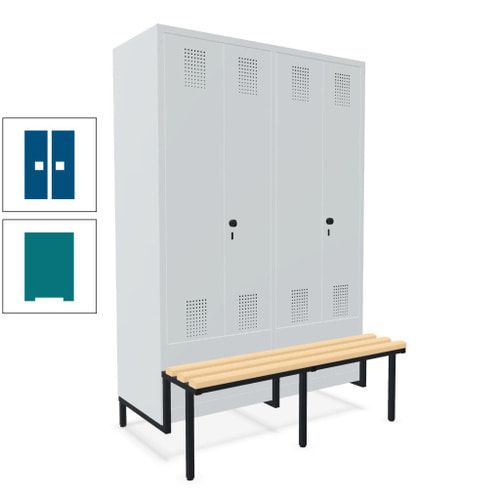 Doppel-Spind, Garderobenschrank, Buche Sitzbank integriert, 4 Abteile 300 mm, Korpus anthrazitgrau, Tür anthrazitgrau, 1.850 x 1.200 x 815 mm (HxBxT)