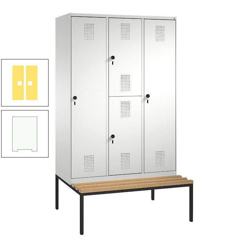 Garderobenschrank, Spind ein- und doppelstöckig Sitzbank, 3 Abteile, 4 Fächer, 2.090x1.200x500 mm (HxBxT), Front anthrazitgrau, Korpus anthrazitgrau