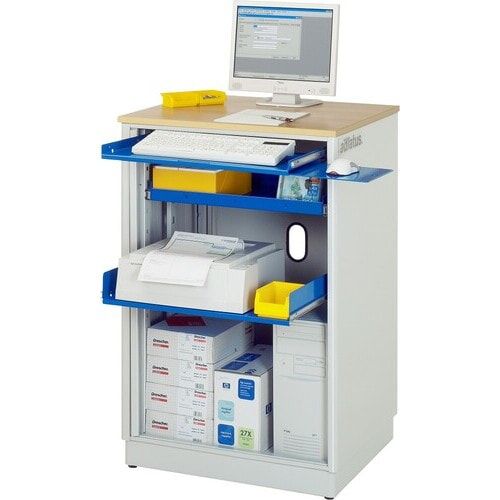 Computer-Arbeitsplatz, Buche-Dekor, Steckdosen, geteiltes Basisfach, Rollladen,Tastaturschublade, stationär - Anthrazitgrau