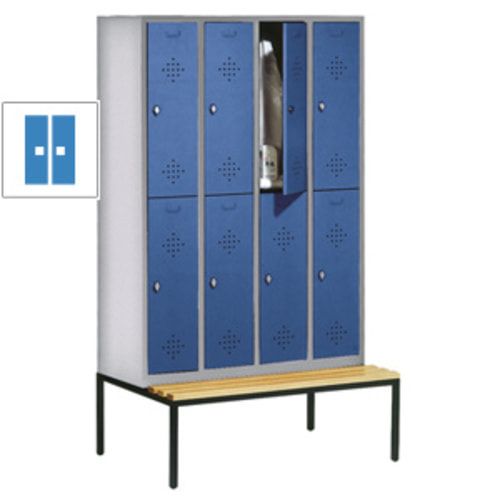 Garderobenschrank, Spind, 4 Abteile 8 Fächer, 2.090 x 1.190 x 815 mm (HxBxT), Hartholz Sitzbank untergebaut, Korpus anthrazitgrau, Türen anthrazitgrau
