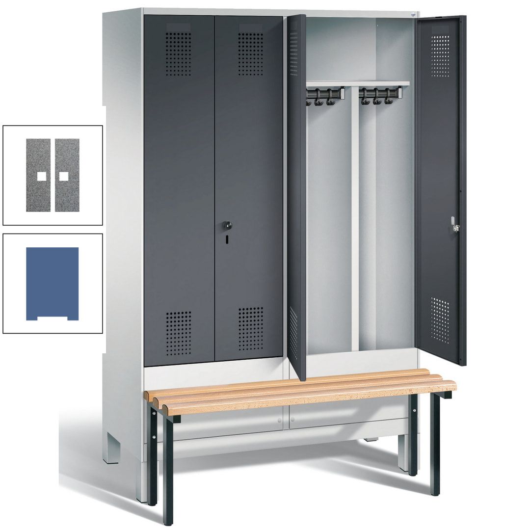 Doppel-Spind, Garderobenschrank, Buche Sitzbank vorgebaut, 4 Abteile a 300 mm, Korpus feuerrot, Tür Wasserblau, 1.850 x 1.200 x 815 mm (HxBxT)