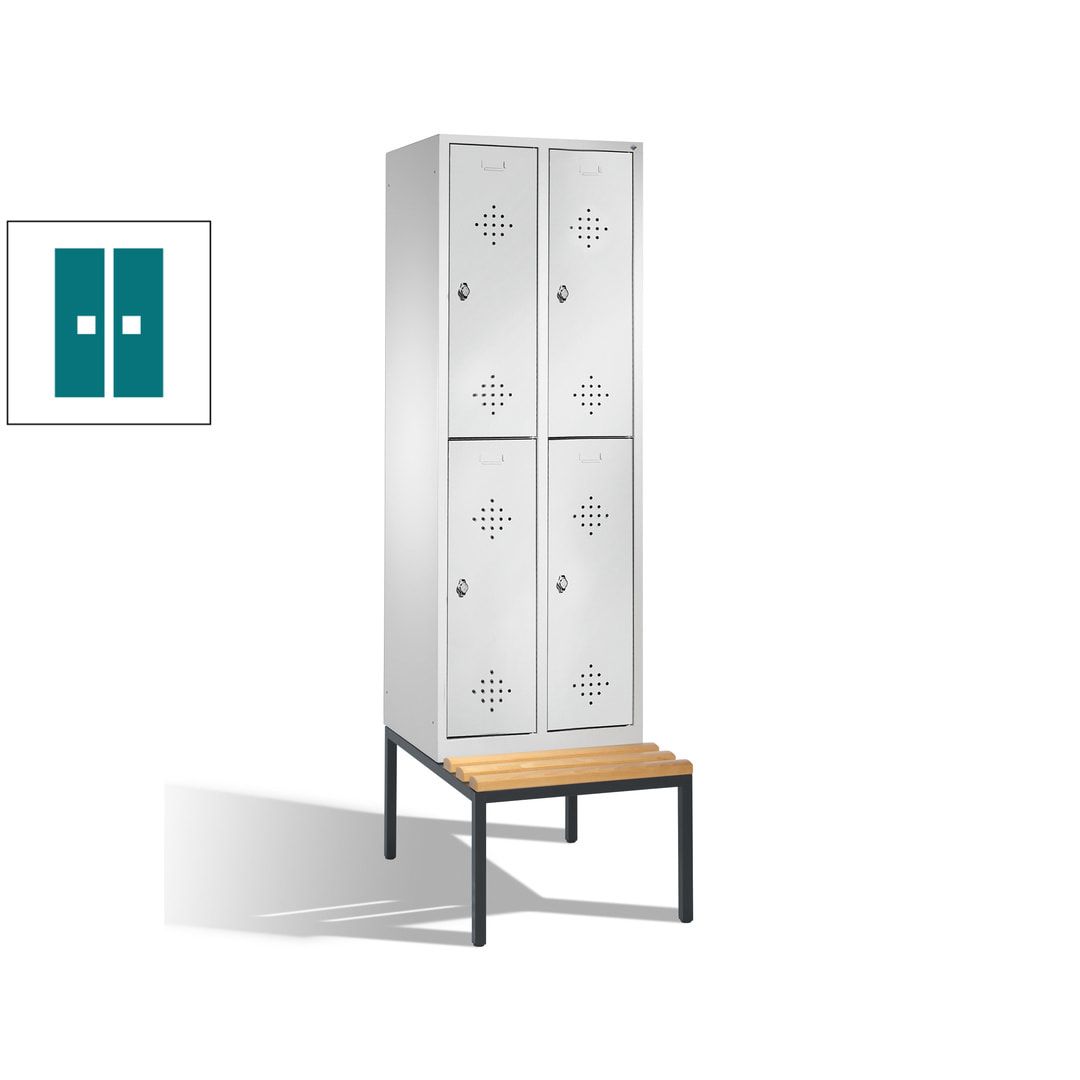 Garderobenschrank, Spind, 2 Abteile, 4 Fächer, 2.090 x 610 x 815 mm (HxBxT), Hartholz Sitzbank untergebaut, Korpus weißaluminium, Türen anthrazitgrau