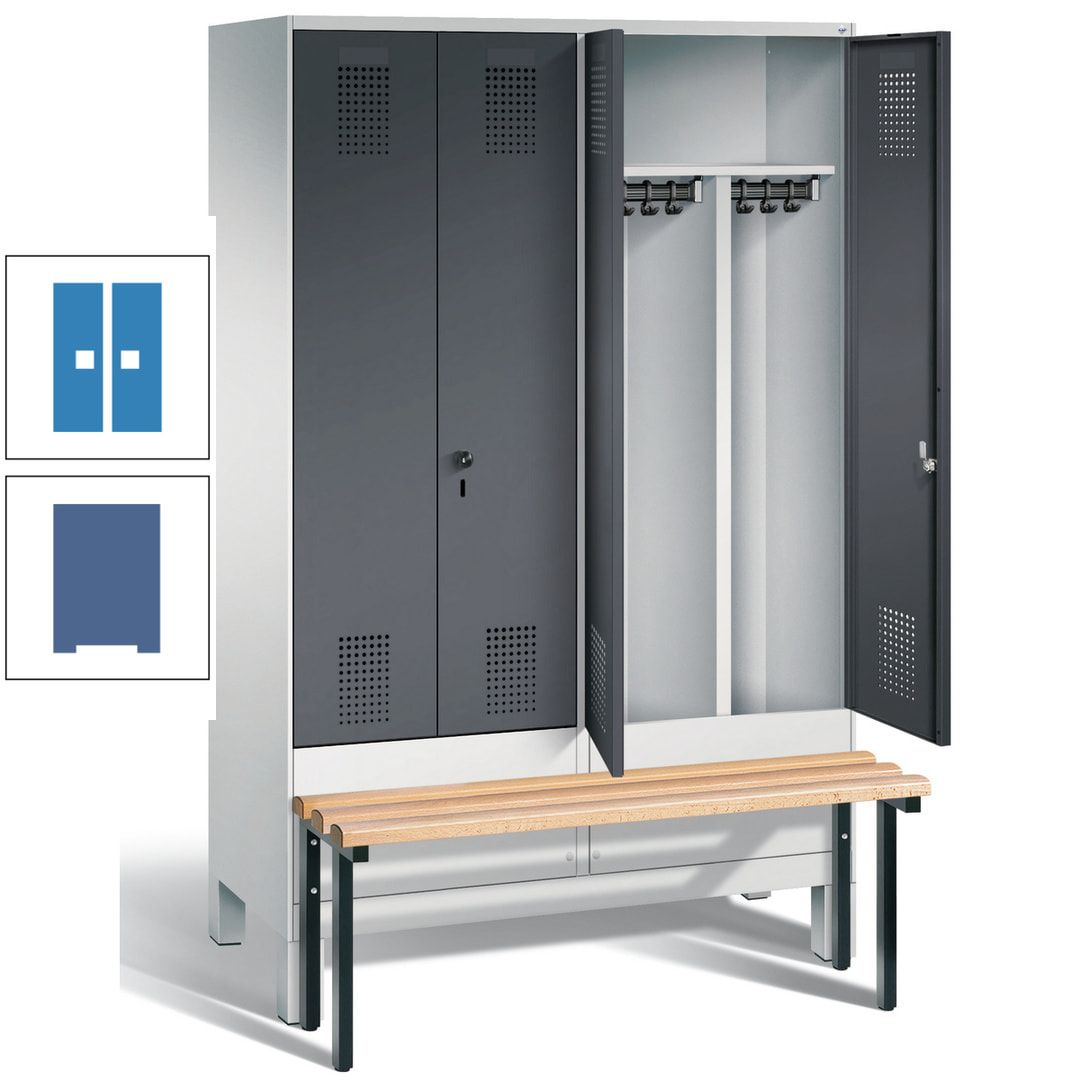 Doppel-Spind, Garderobenschrank, Buche Sitzbank vorgebaut, 4 Abteile a 300 mm, Korpus feuerrot, Tür Wasserblau, 1.850 x 1.200 x 815 mm (HxBxT)
