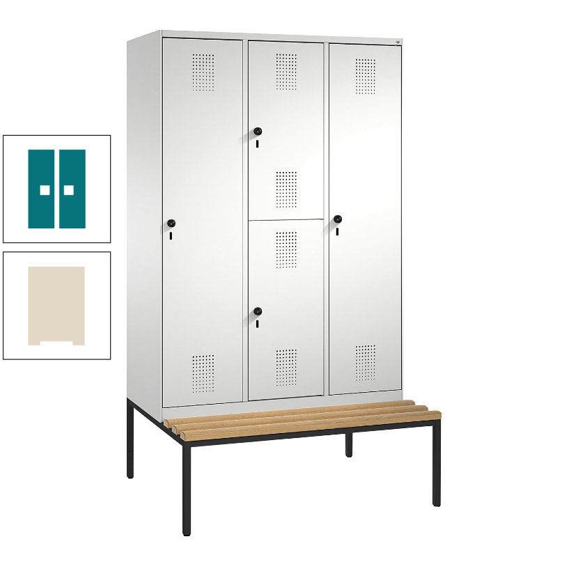 Garderobenschrank, Spind ein- und doppelstöckig Sitzbank, 3 Abteile, 4 Fächer, 2.090x1.200x500 mm (HxBxT), Front anthrazitgrau, Korpus anthrazitgrau