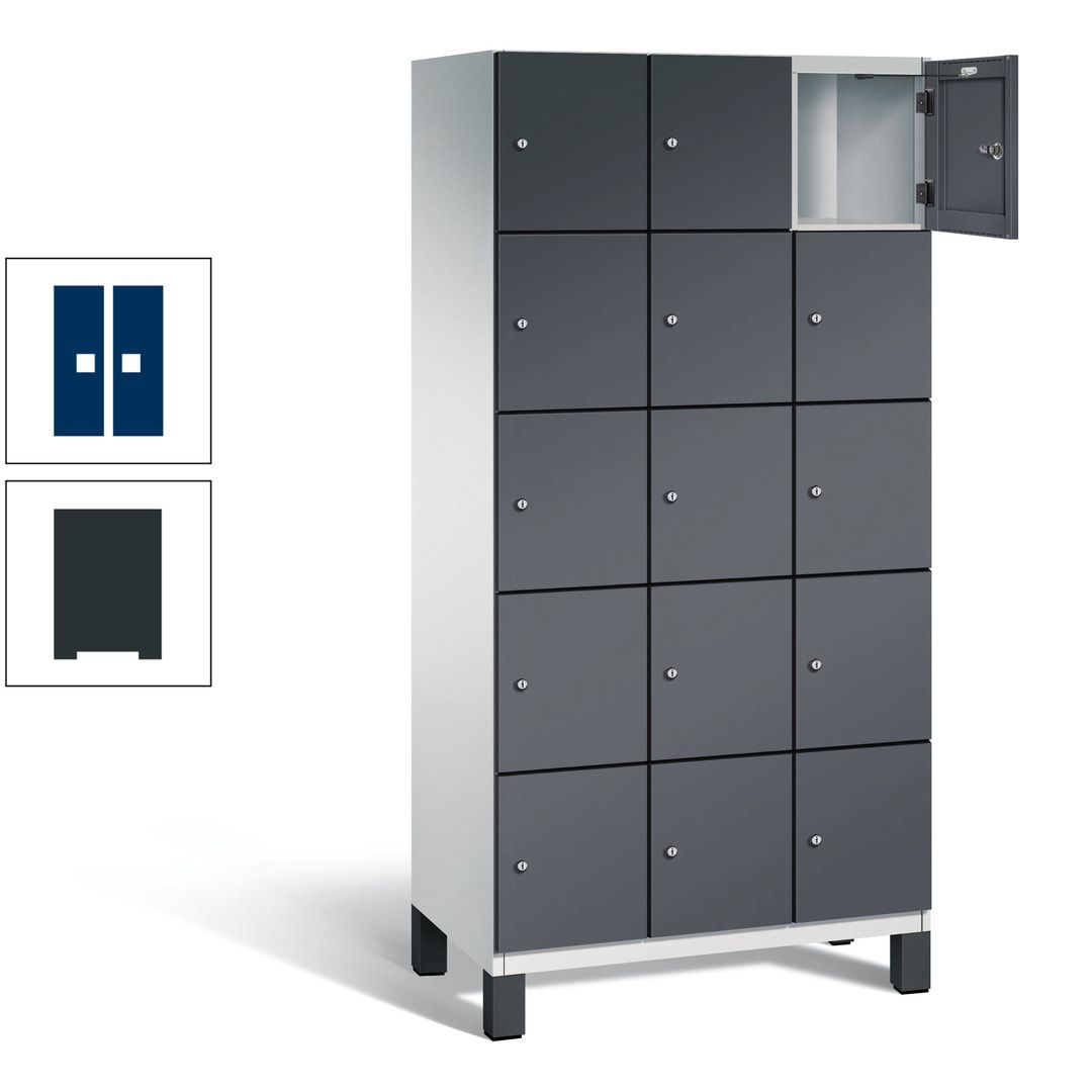 Fächerschrank, Stahlschrank, 15 Fächer, Türöffnungsbegrenzer, Füße, 1.980 x 900 x 525 mm (HxBxT), Korpus anthrazitgrau, Front anthrazitgrau
