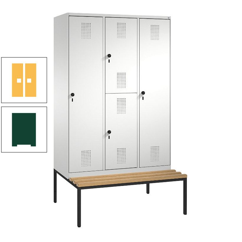 Garderobenschrank, Spind ein- und doppelstöckig Sitzbank, 3 Abteile, 4 Fächer, 2.090x1.200x500 mm (HxBxT), Front anthrazitgrau, Korpus anthrazitgrau