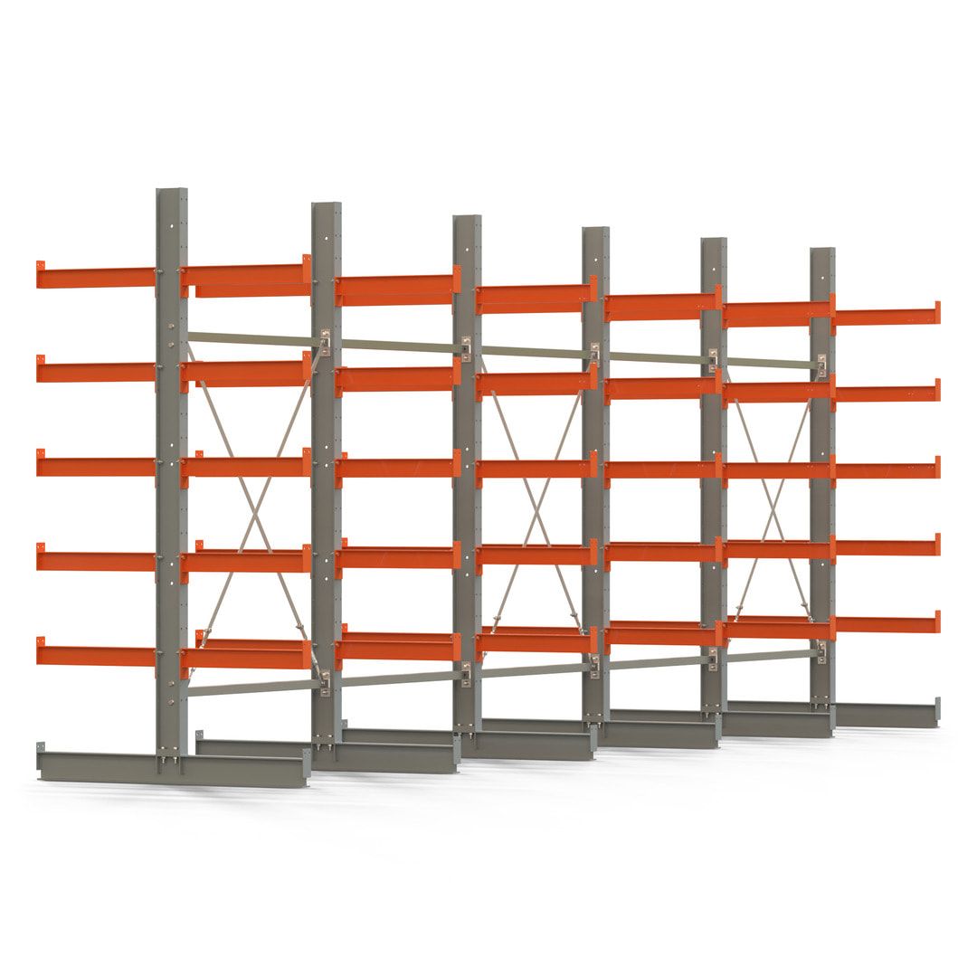 Doppelseitiges Kragarmregal, 2 Felder, 2.500 x 2.560 x 1.120 mm (HxBxT), Nutztiefe 500 mm, Kragarmlast 870 kg, KARL basic, silbergrau/reinorange