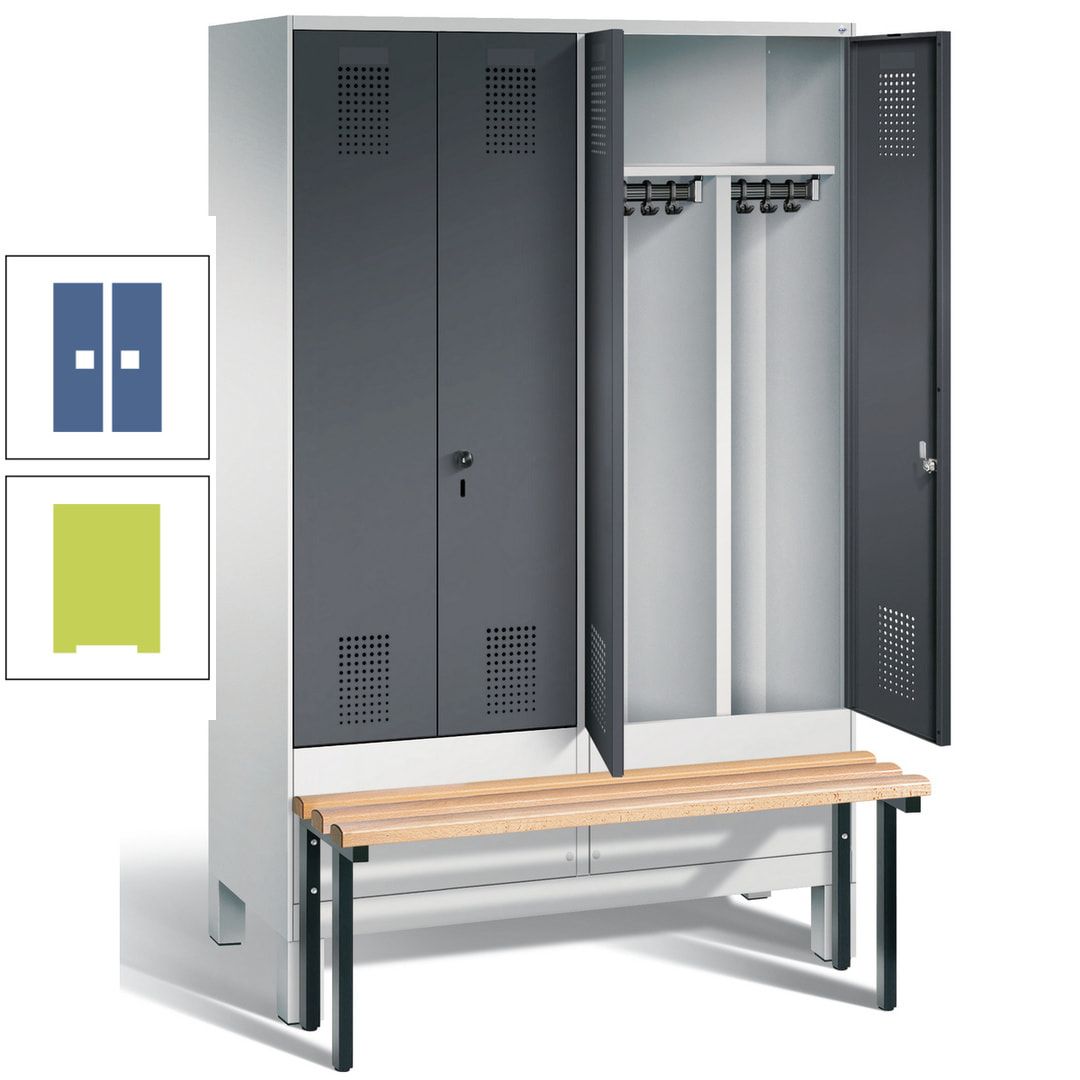 Doppel-Spind, Garderobenschrank, Buche Sitzbank vorgebaut, 4 Abteile a 300 mm, Korpus feuerrot, Tür Wasserblau, 1.850 x 1.200 x 815 mm (HxBxT)