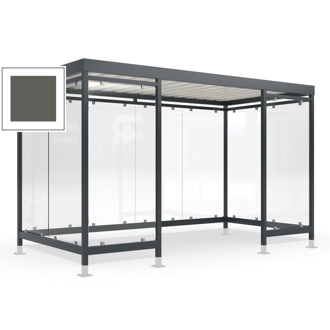 Raucherunterstand für 12-13 Personen, Bushaltestelle, mit Überpflasterung, 2.440 x 4.195 x 2.165 mm (HxBxT), 10 Wände, Achatgrau