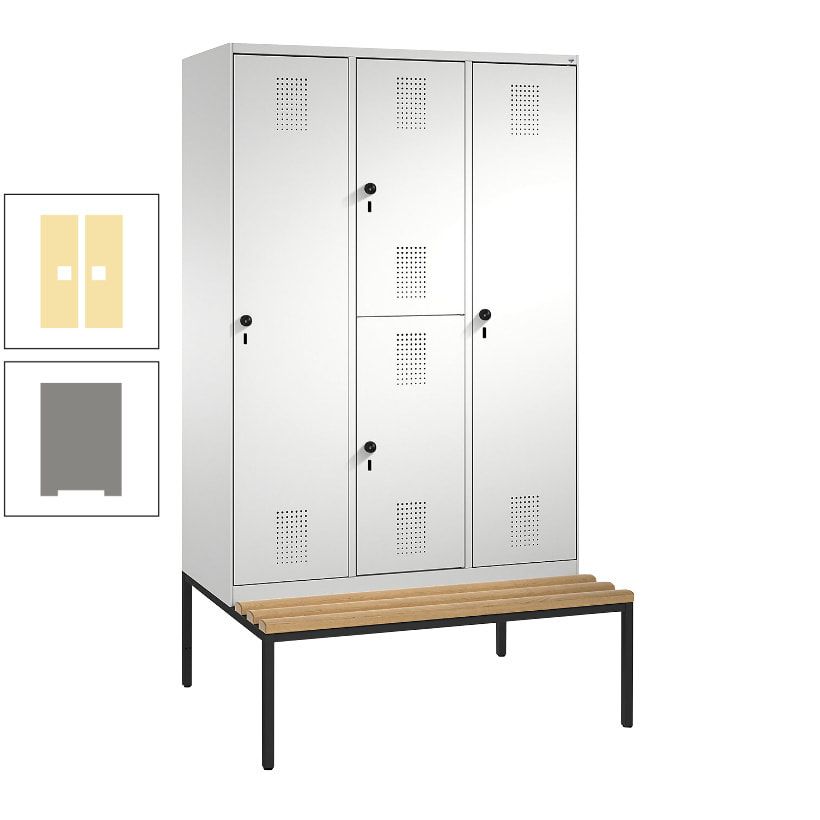 Garderobenschrank, Spind ein- und doppelstöckig Sitzbank, 3 Abteile, 4 Fächer, 2.090x1.200x500 mm (HxBxT), Front anthrazitgrau, Korpus anthrazitgrau