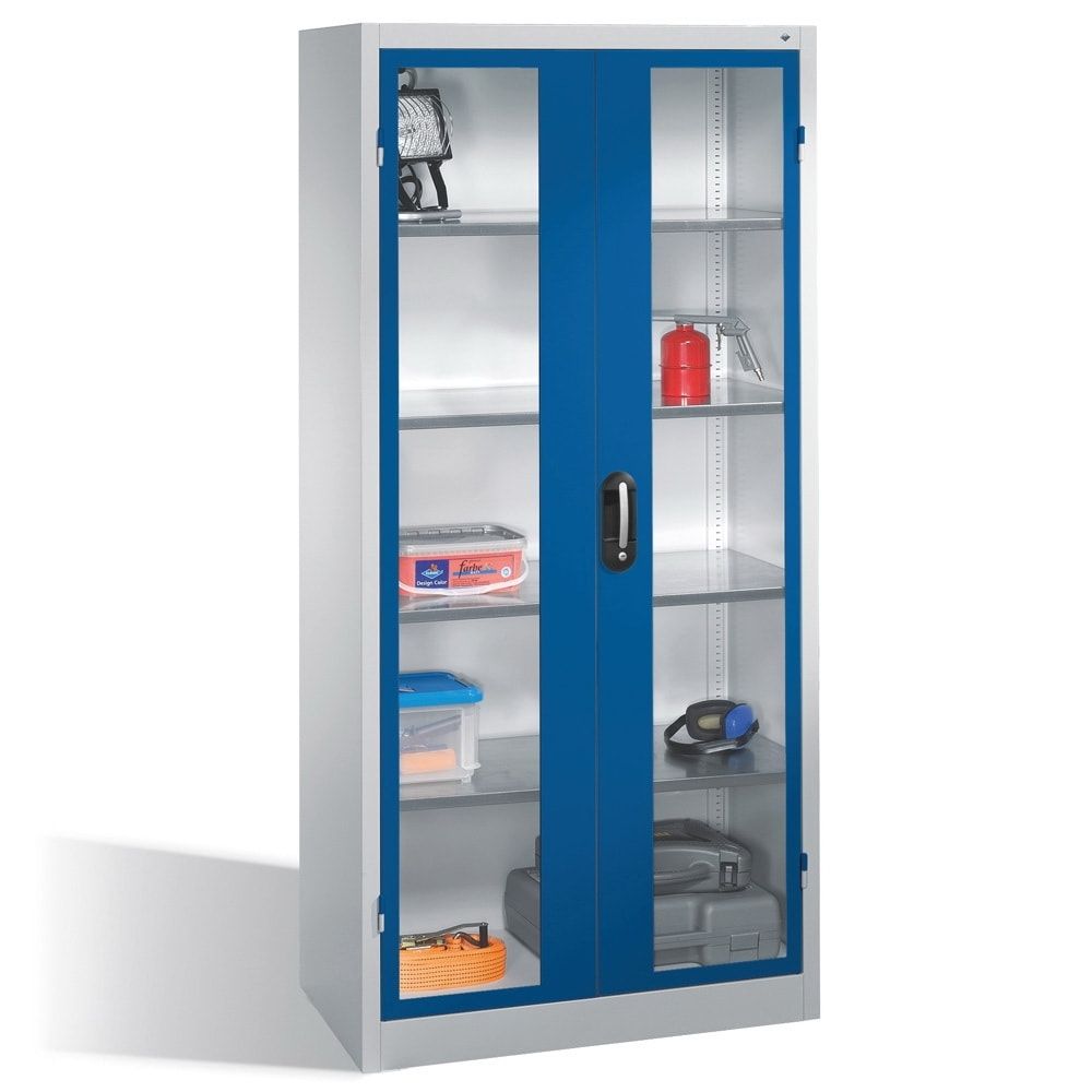 C+P Großraum Werkzeugschrank, Materiallager, Stahlschrank mit Sichtfenstertüren, 4 Fachböden, Farbe lichtgrau, 1.950 x 930 x 500 (HxBxT)