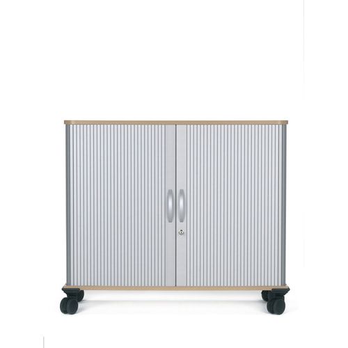 Querrollladenschrank mobil, 2 Ordnerhöhen, 4 Rollen, 2 feststellbar, abschließbar, Gewicht 37 kg, 865 x 1.000 x 400 mm (HxBxT), Farbe silber/Ahorn