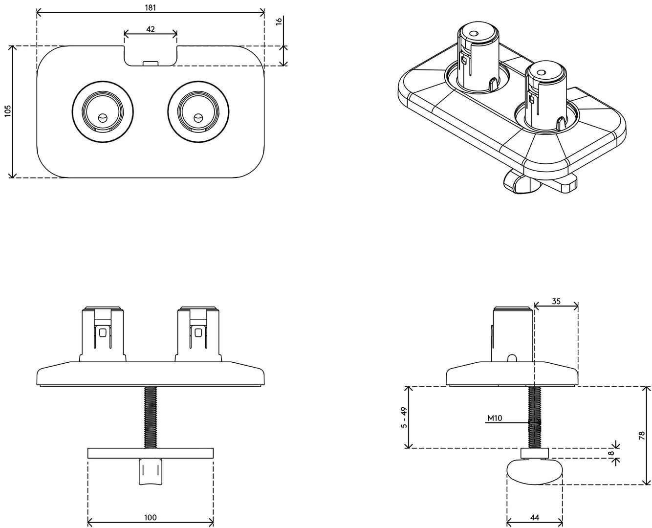 Durchtisch-Befestigung für Viewprime-Monitorhalter für 2 Monitore, Tischplatten mit 5 - 49 mm, Farbe: schwarz