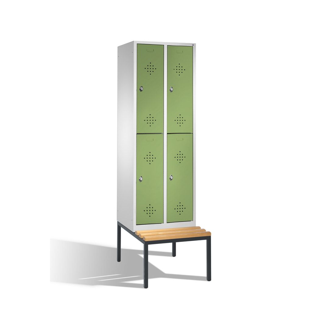 Garderobenschrank, Spind, 2 Abteile, 4 Fächer, 2.090 x 610 x 815 mm (HxBxT), Hartholz Sitzbank untergebaut, Korpus weißaluminium, Türen anthrazitgrau