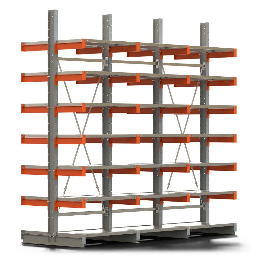 Doppelseitiges Kragarmregal mit Fachböden, 2 Felder, 3.000 x 2.000 (HxB), Nutztiefe 1.000 mm, Kragarmlast 450 kg, KARL basic, silbergrau/reinorange