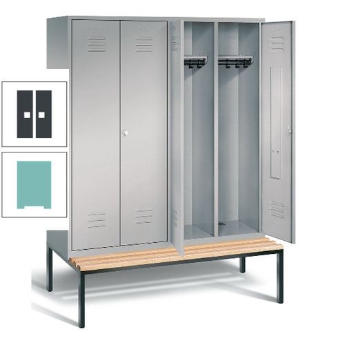 Doppel-Spindschrank, Buche Sitzbank untergebaut, 4 Abteile a 400 mm, Korpus lichtgrau, Tür anthrazitgrau, 2.090 x 1.590 x 815 mm (HxBxT)