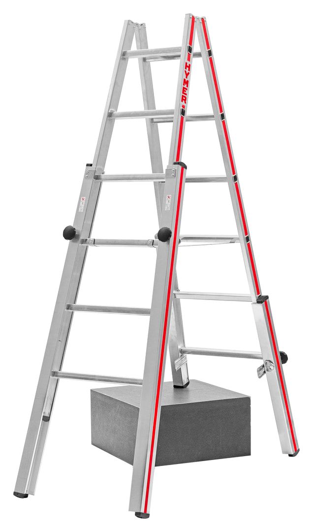 Aluminium-Treppenstehleiter - beidseitig begehbar - stufenlos verstellbare Fußverlängerungen - Länge 1.470 - Breite oben/unten 340/505 - Aluleiter