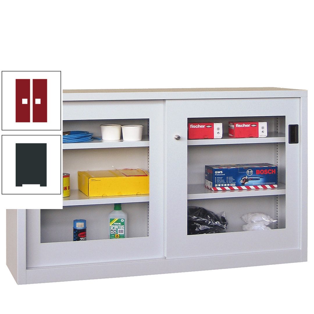 Schiebetürenschrank - Sichtfenstertüren - 1.000x1.500x600 mm (HxBxT) - 4 Böden, verzinkt - Zylinderschloss - anthrazitgrau