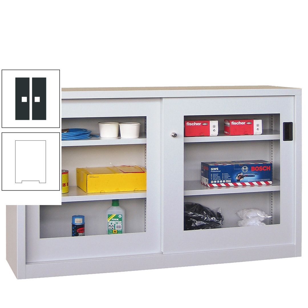 Schiebetürenschrank - Sichtfenstertüren - 1.000x1.500x600 mm (HxBxT) - 4 Böden, verzinkt - Zylinderschloss - anthrazitgrau