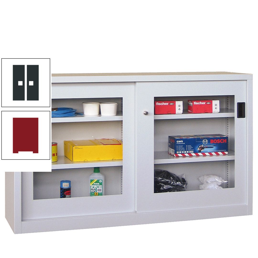 Schiebetürenschrank - Sichtfenstertüren - 1.000x1.500x600 mm (HxBxT) - 4 Böden, verzinkt - Zylinderschloss - anthrazitgrau