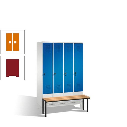 Stahl-Garderobenschrank, Spind, Buche Sitzbank vorgebaut, 4 Abteile a 300 mm, Korpus Lichtgrün, Tür Schwefelgelb, 1.850 x 1.200 x 815 mm (HxBxT)