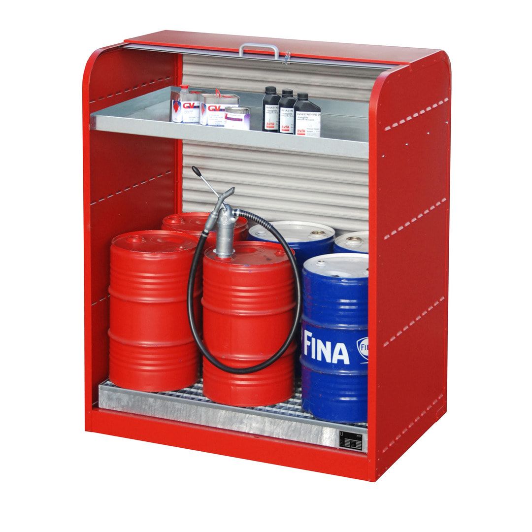 Gefahrstoffschrank mit Rollladen - für 6 x 60-l-Fass - 1 Kleingebindewanne - feuerrot