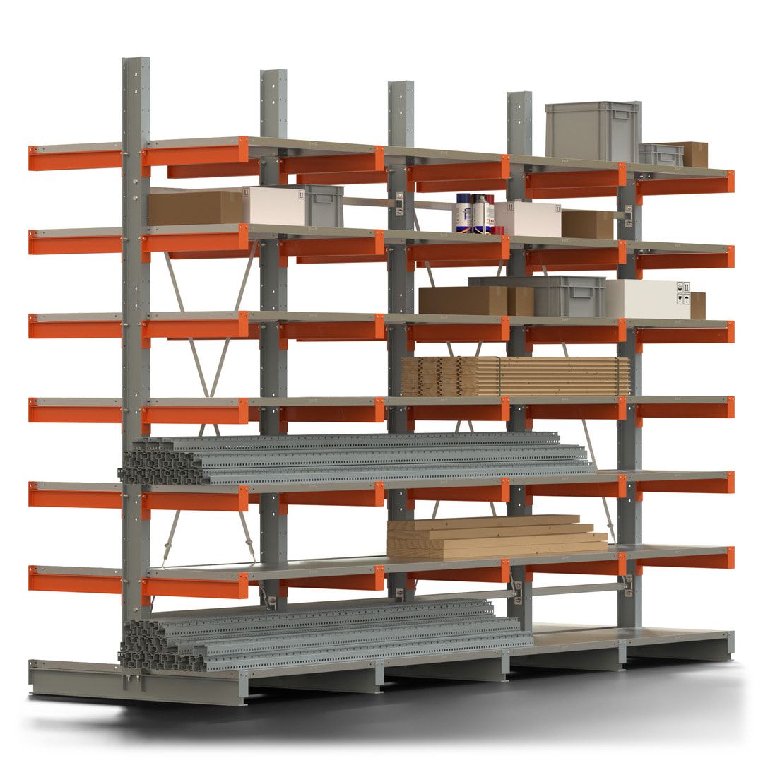 Doppelseitiges Kragarmregal mit Fachböden, 2 Felder, 3.000 x 2.000 (HxB), Nutztiefe 1.000 mm, Kragarmlast 450 kg, KARL basic, silbergrau/reinorange