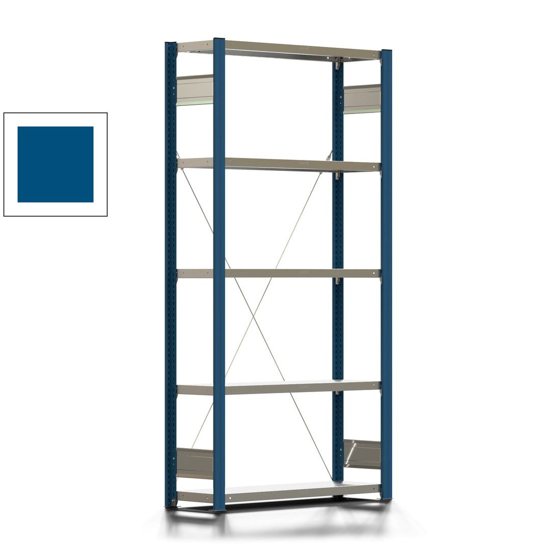 Fachbodenregal mit Tiefenriegel - 350 kg - 2.000 x 1.005 x 326 mm (HxBxT) - Anbauregal - 5 Böden - enzianblau - Lagerregal - Steckregal BERT