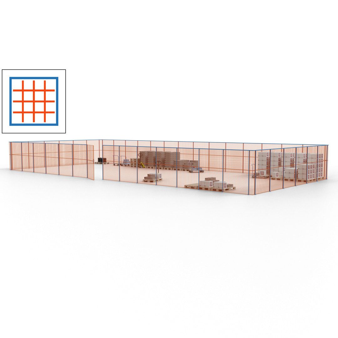 Maschinen Schutzgitter - Hallentrennwand - Sicherheitszaun - Tür - 60 m - 2.200 x 21.400 x 9.400 mm (HxBxT) - enzianblau