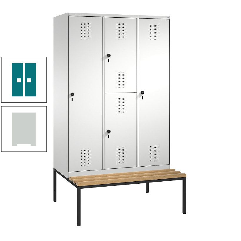 Garderobenschrank, Spind ein- und doppelstöckig Sitzbank, 3 Abteile, 4 Fächer, 2.090x1.200x500 mm (HxBxT), Front anthrazitgrau, Korpus anthrazitgrau