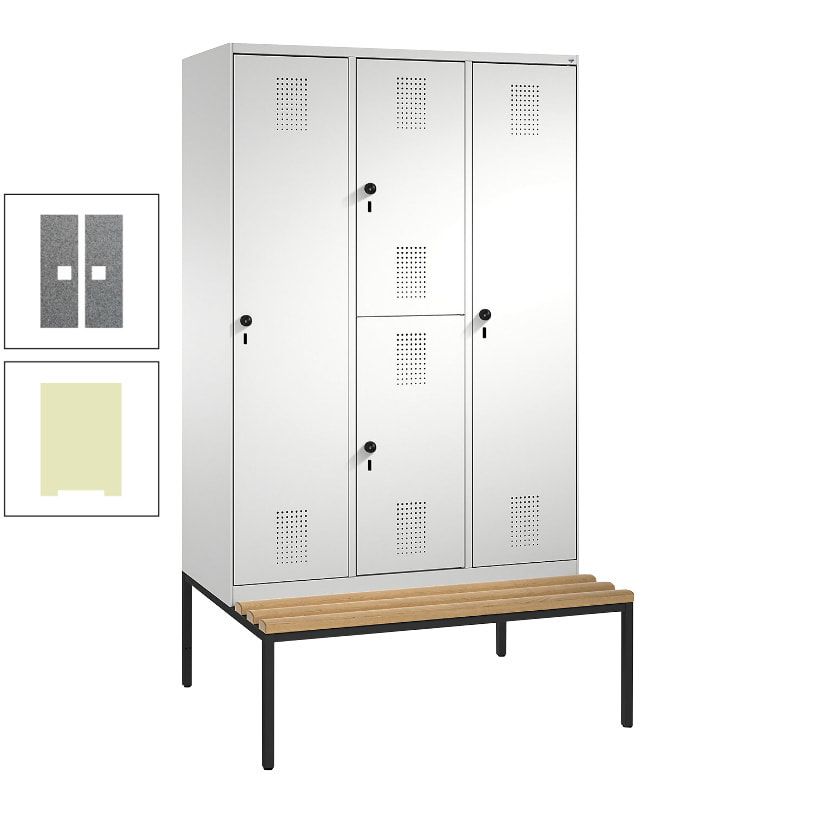 Garderobenschrank, Spind ein- und doppelstöckig Sitzbank, 3 Abteile, 4 Fächer, 2.090x1.200x500 mm (HxBxT), Front anthrazitgrau, Korpus anthrazitgrau