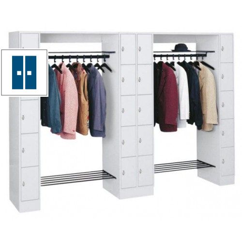 Garderobenanlage, Offene Garderobe mit Spindschrank, 20 Fächer, li./re/mitte, Farbe lichtgrau, Türfarbe enzianblau, 1.950 x 2.840 x 480 mm (HxBxT)