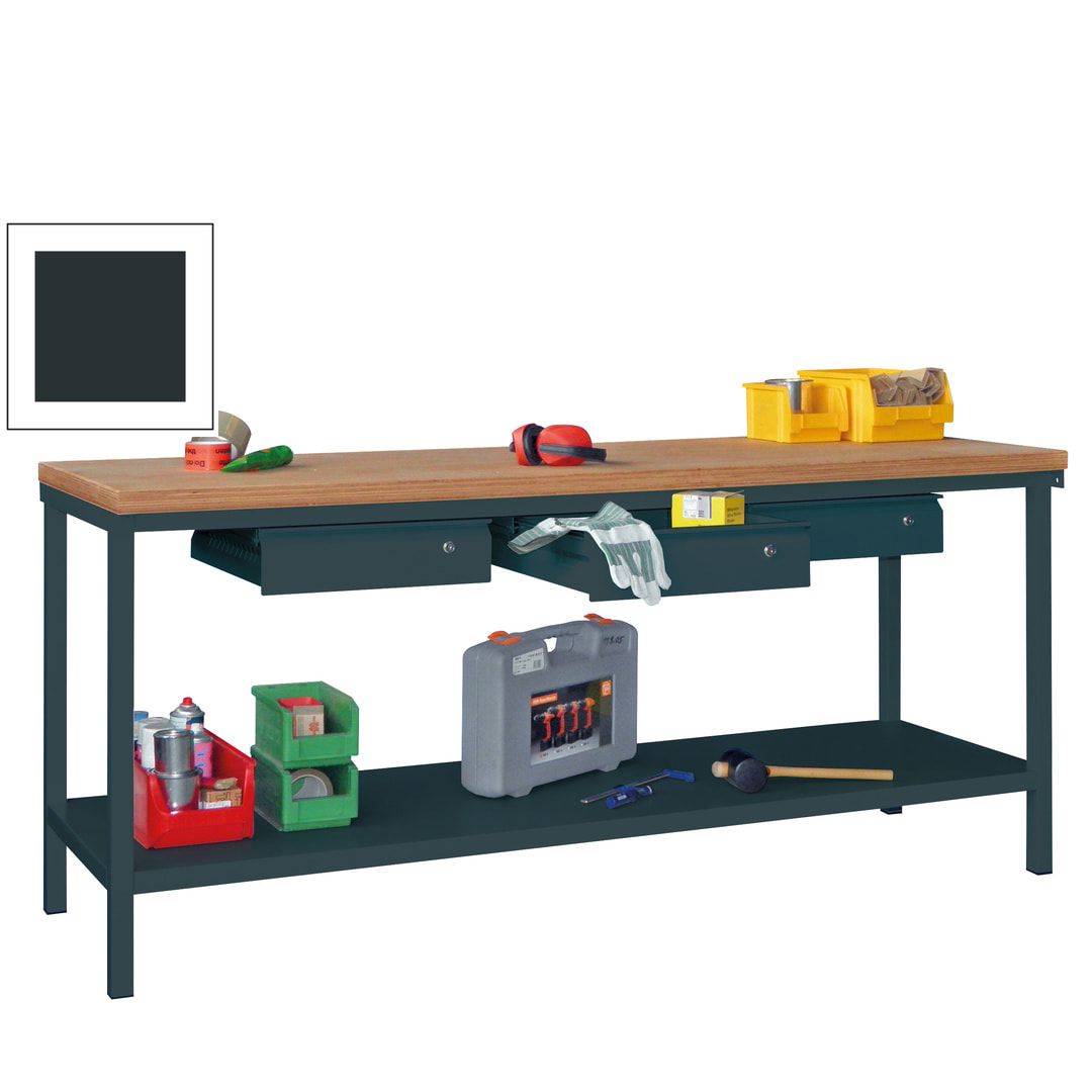 Werkbank mit Ablageboden - 3 Schubladen - 900 x 2.000 x 700 mm (HxBxT) - anthrazitgrau