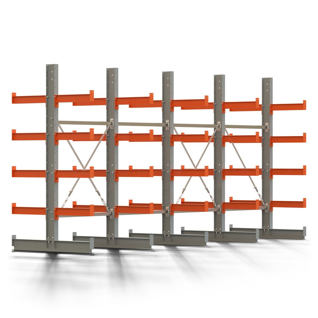 Doppelseitiges Kragarmregal, 2 Felder, 2.000 x 2.000 x 1.120 mm (HxBxT), Nutztiefe 500 mm, Kragarmlast 870 kg, KARL basic, silbergrau/reinorange