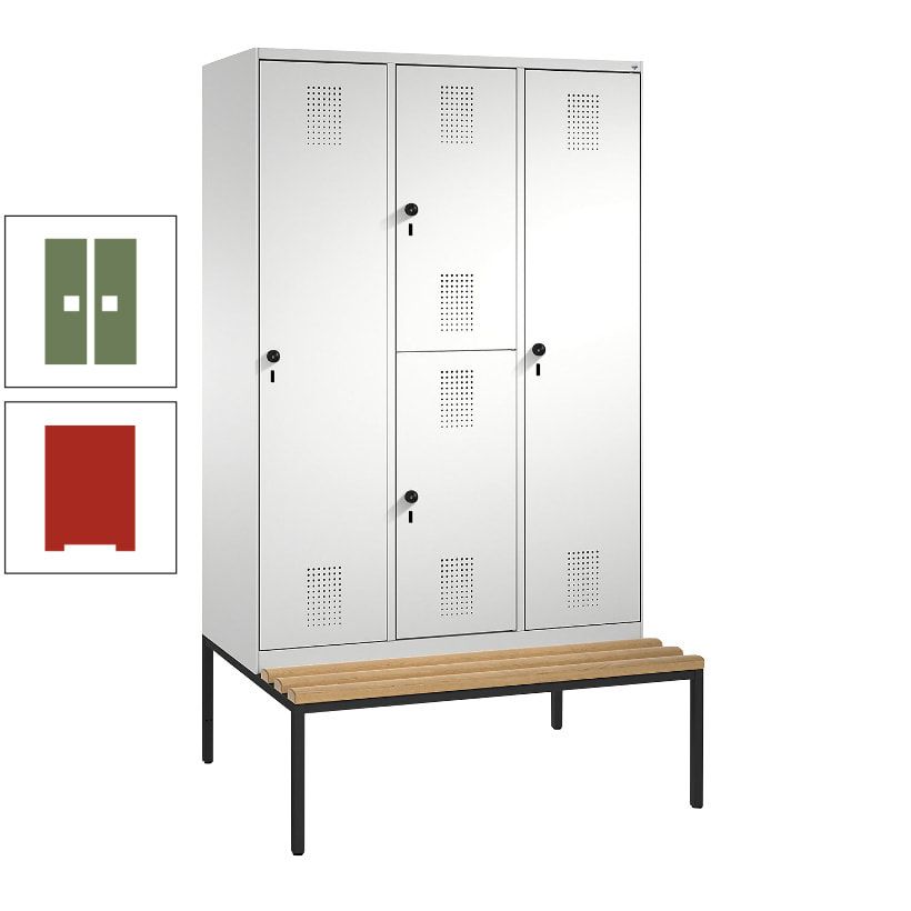 Garderobenschrank, Spind ein- und doppelstöckig Sitzbank, 3 Abteile, 4 Fächer, 2.090x1.200x500 mm (HxBxT), Front anthrazitgrau, Korpus anthrazitgrau