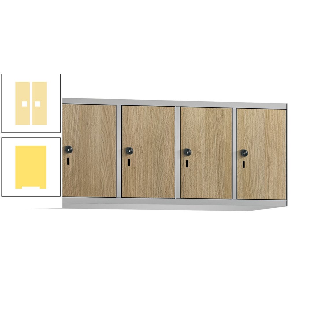 Aufsatzschrank, Schrankaufsatz, 4 Fächer a 300 mm, Farbe Pastellgelb, Tür anthrazitgrau, 500 x 1.200 x 500 mm (HxBxT)