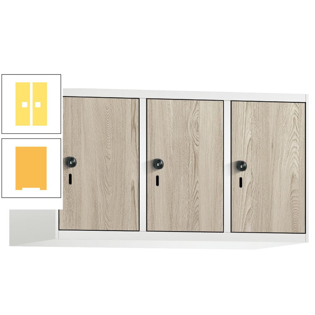 Aufsatzschrank, Schrankaufsatz, 3 Fächer a 300 mm, Farbe Pastellgelb, Tür anthrazitgrau, 500 x 900 x 500 mm (HxBxT)