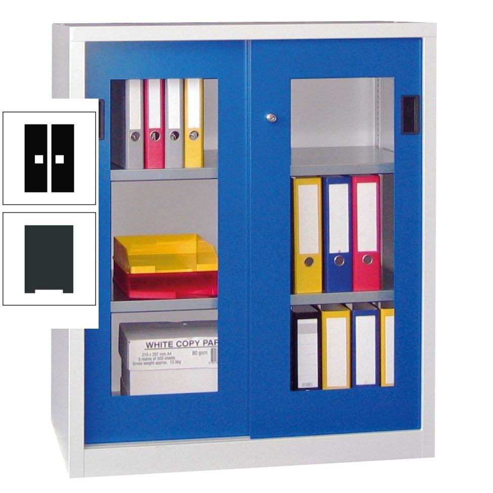 Schiebetürenschrank - Sichtfenstertüren - 1.000x1.000x400 mm (HxBxT) - 2 Böden, gepulvert - Zylinderschloss - anthrazitgrau