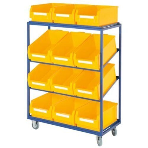 Kommissionierwagen für Sichtlagerkästen, Traglast 230 kg, Ladefläche 480 x 960 mm, 4 Etagen, inkl. 2 schräge Fachböden, Farbe enzianblau