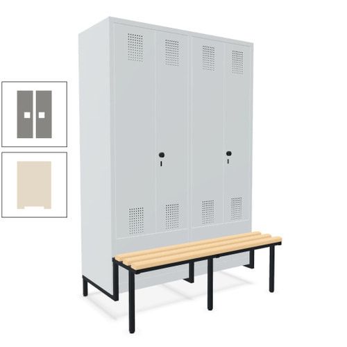 Doppel-Spind, Garderobenschrank, Buche Sitzbank integriert, 4 Abteile 300 mm, Korpus anthrazitgrau, Tür anthrazitgrau, 1.850 x 1.200 x 815 mm (HxBxT)