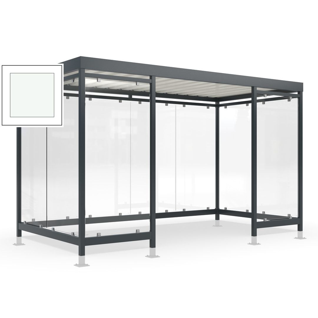 Raucherunterstand für 12-13 Personen, Bushaltestelle, mit Überpflasterung, 2.440 x 4.195 x 2.165 mm (HxBxT), 10 Wände, Achatgrau