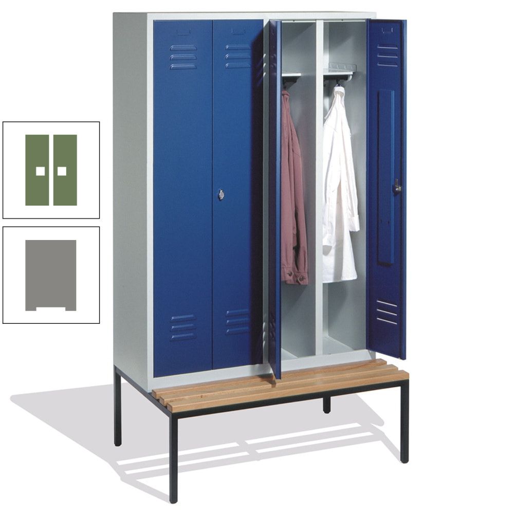 Doppel-Spindschrank, Buche Sitzbank untergebaut, 4 Abteile a 300 mm, Korpus lichtgrau, Tür anthrazitgrau, 2.090 x 1.190 x 815 mm (HxBxT)
