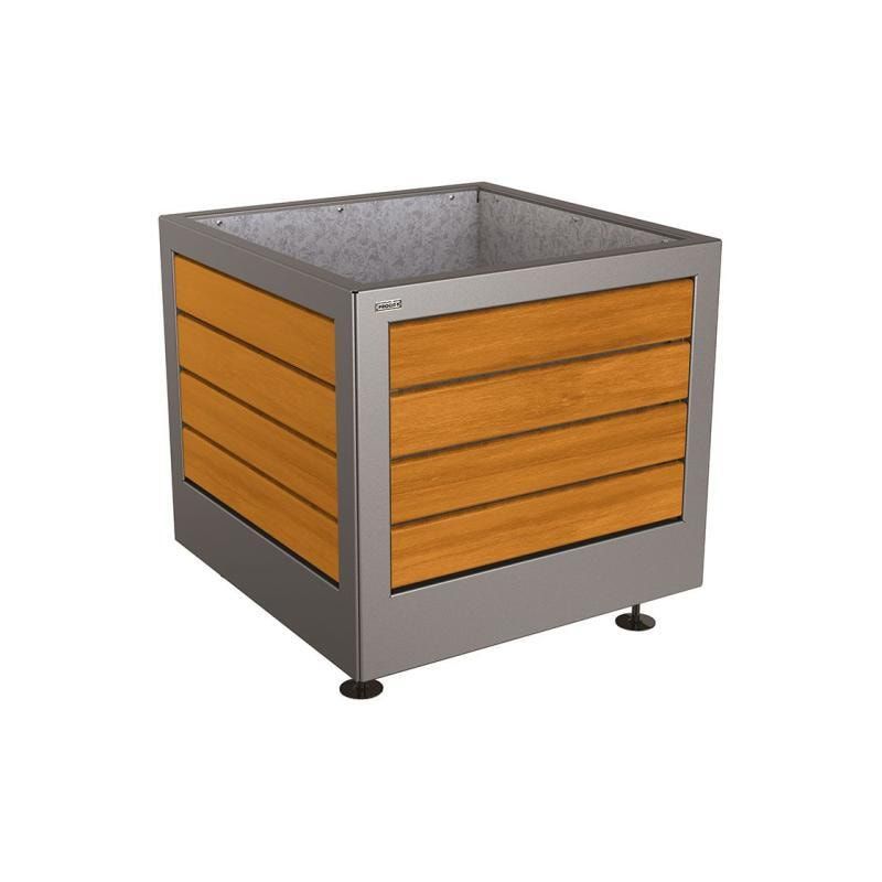 Pflanzbehälter, Stahl und Holz, verstellbare Füße, Innenverkleidung feuerverzinkt mit Verladungsgriffen, 700 x 800 x 800 mm (HxBxT), Farbe enzianblau