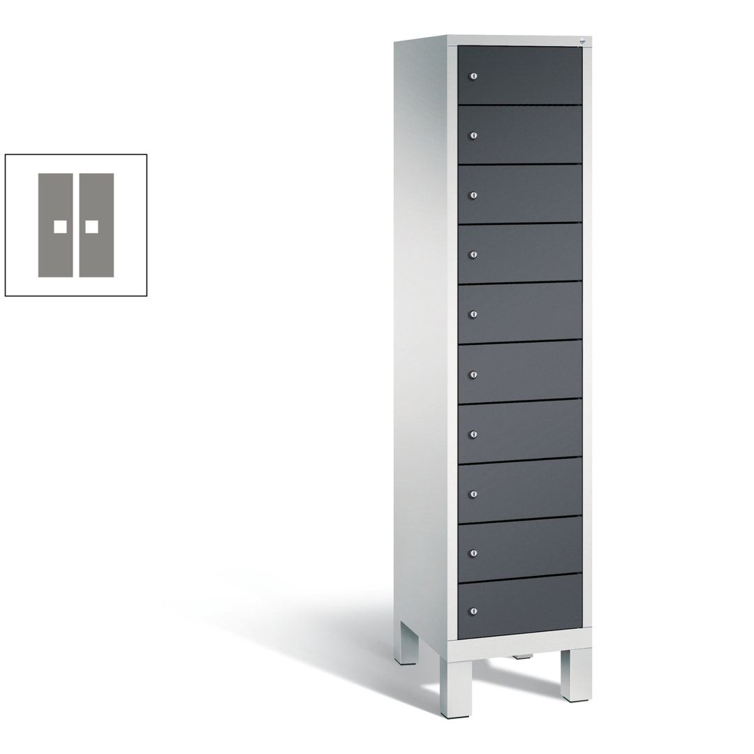 Laptopschrank, Tabletschrank, Computerschrank auf Füßen, 10 Fächer, 1.850 x 420 x 500 mm (HxBxT), Korpus gelborange, Tür anthrazitgrau