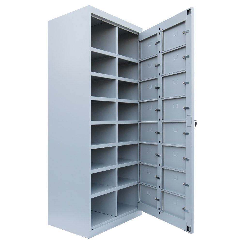 Verteilerschrank, Ausgabeschrank, Fächerschrank, Zentraltür, 2 Abteile, 16 Fächer, 1.800 x 740 x 500 mm (HxBxT), Korpus lichtgrau, Front enzianblau