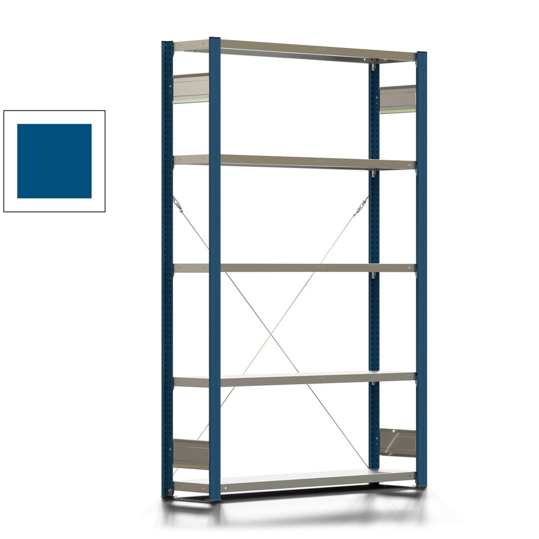 Fachbodenregal mit Tiefenriegel - 350 kg - 2.000 x 1.285 x 326 mm (HxBxT) - Anbauregal - 5 Böden - enzianblau - Lagerregal - Steckregal BERT