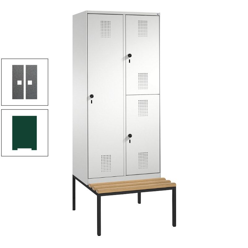 Garderobenschrank, Spind ein- und doppelstöckig Sitzbank, 2 Abteile, 3 Fächer, 2.090 x 800 x 500 mm (HxBxT), Front anthrazitgrau, Korpus anthrazitgrau