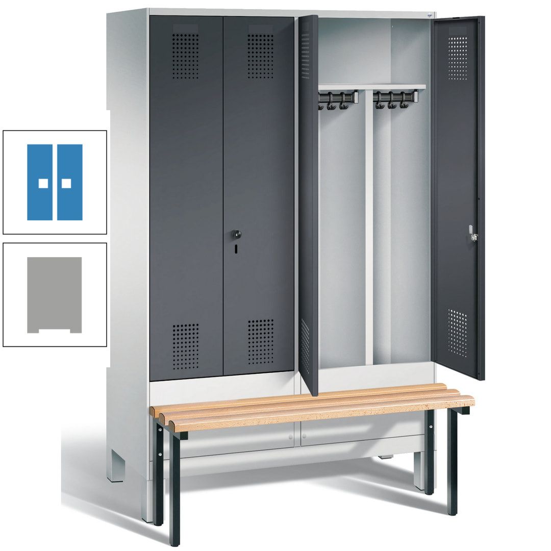 Doppel-Spind, Garderobenschrank, Buche Sitzbank vorgebaut, 4 Abteile a 300 mm, Korpus feuerrot, Tür Wasserblau, 1.850 x 1.200 x 815 mm (HxBxT)