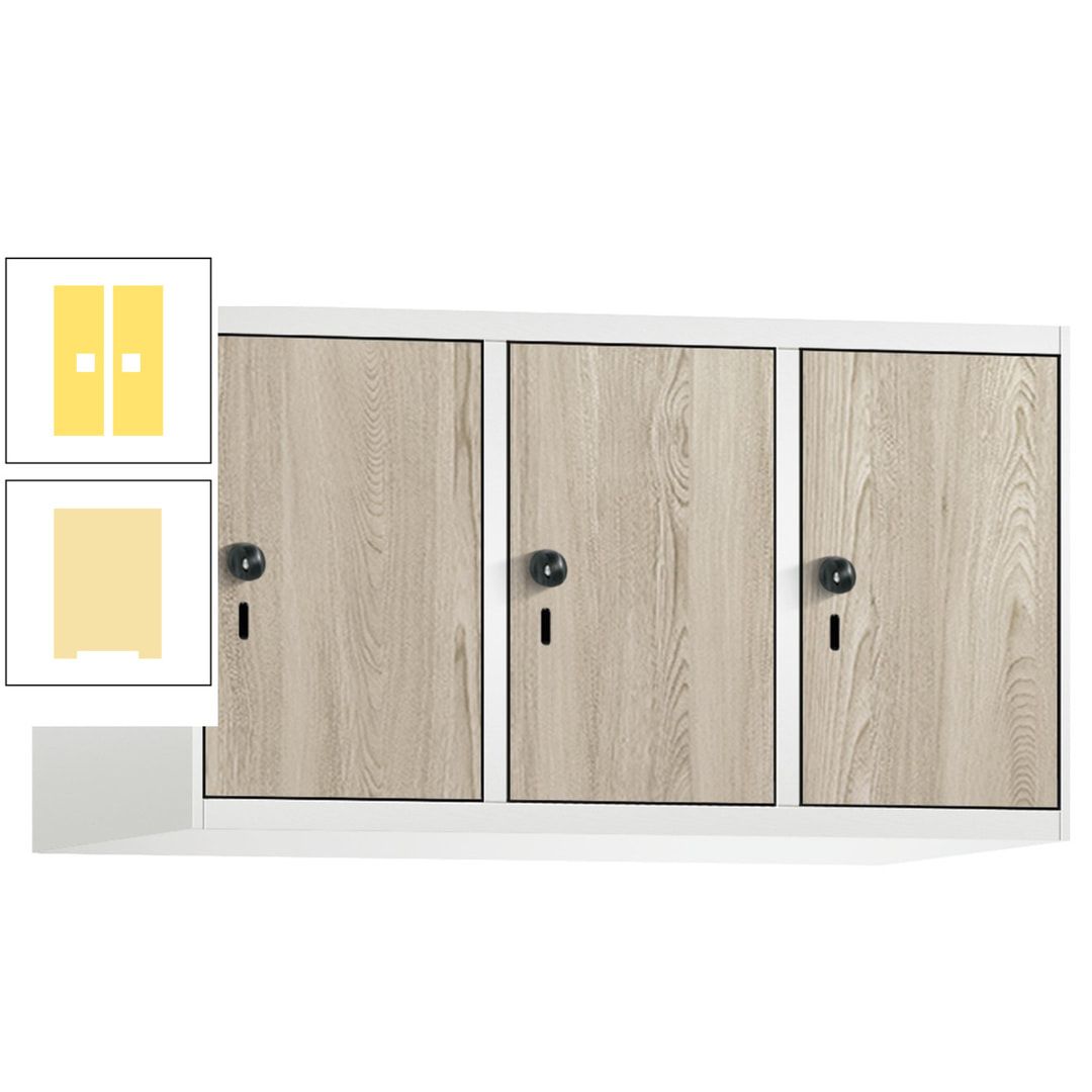 Aufsatzschrank, Schrankaufsatz, 3 Fächer a 300 mm, Farbe Pastellgelb, Tür anthrazitgrau, 500 x 900 x 500 mm (HxBxT)